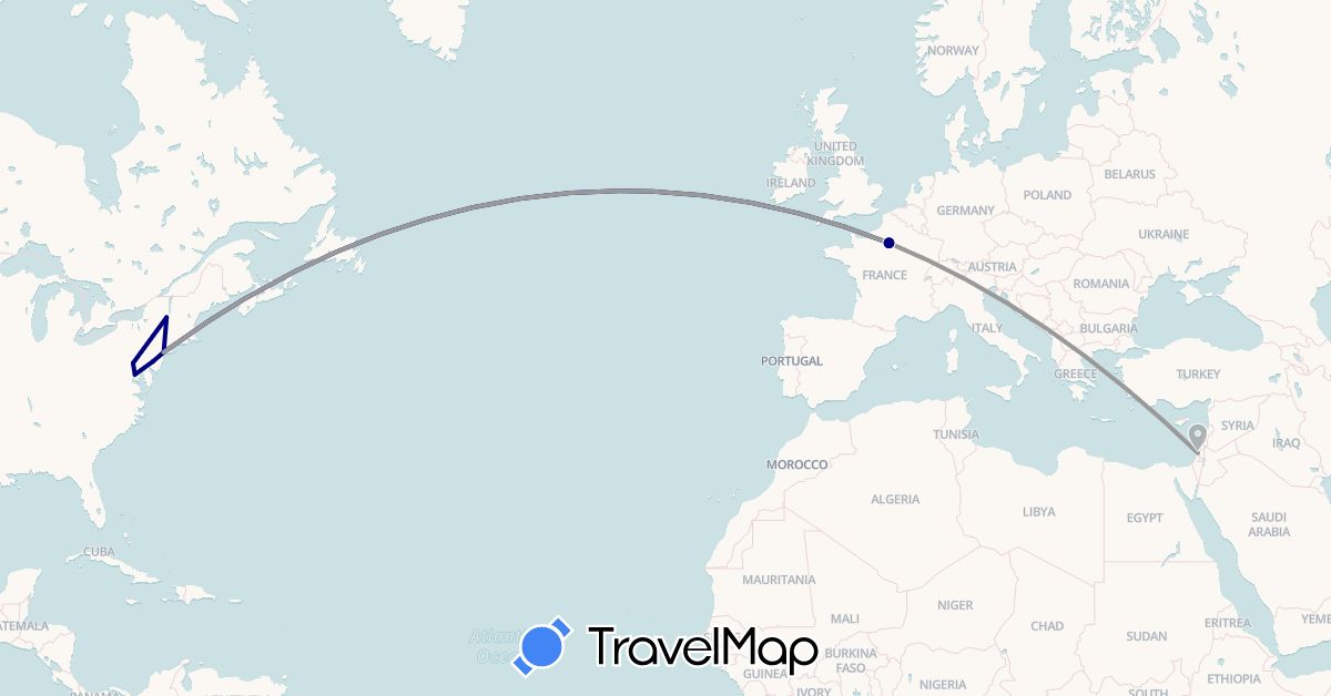 TravelMap itinerary: driving, plane in France, Israel, United States (Asia, Europe, North America)
